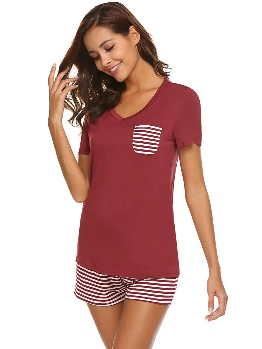 Babe Beachwear lounge shirt and short set in burgundy with striped pocket and matching shorts