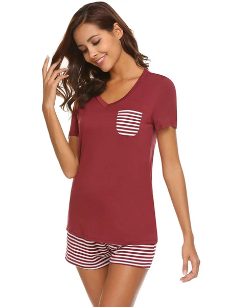 Babe Beachwear lounge shirt and short set in burgundy with striped pocket and matching shorts
