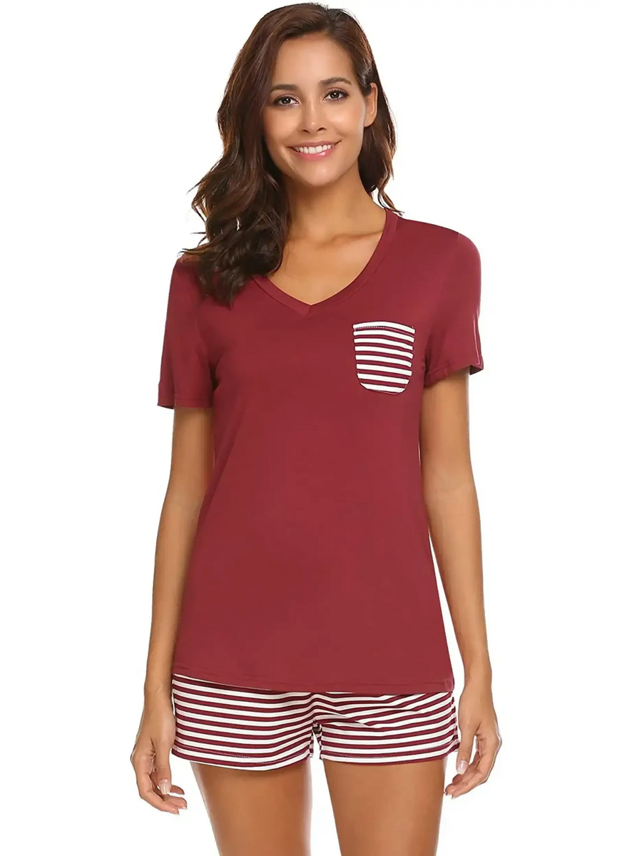 Babe Beachwear lounge shirt and short set with burgundy top and striped pocket and shorts