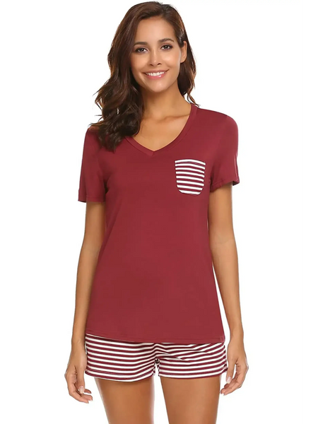 Babe Beachwear lounge shirt and short set with burgundy top and striped pocket and shorts