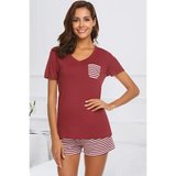 Babe Beachwear lounge shirt and short set in maroon with striped pocket and matching striped shorts