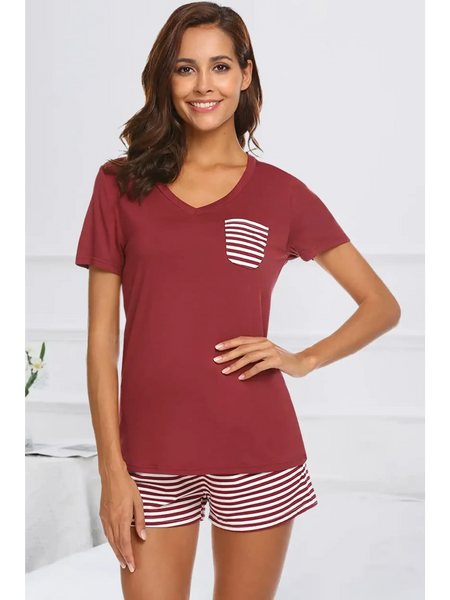 Babe Beachwear lounge shirt and short set in maroon with striped pocket and matching striped shorts