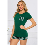 Babe Beachwear green lounge shirt and short set with striped pocket and shorts