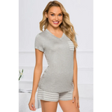 Babe Beachwaer lounge shirt and short set in light gray with striped pocket and shorts