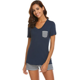 Babe Beachwear lounge shirt and short set in navy with striped pocket and shorts for comfortable wear