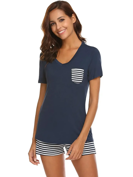 Babe Beachwear lounge shirt and short set in navy with striped pocket and shorts for comfortable wear