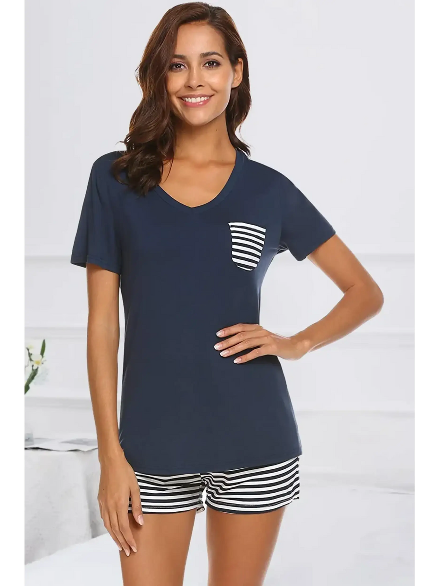 Babe Beachwear lounge shirt and short set navy top with striped pocket and matching striped shorts