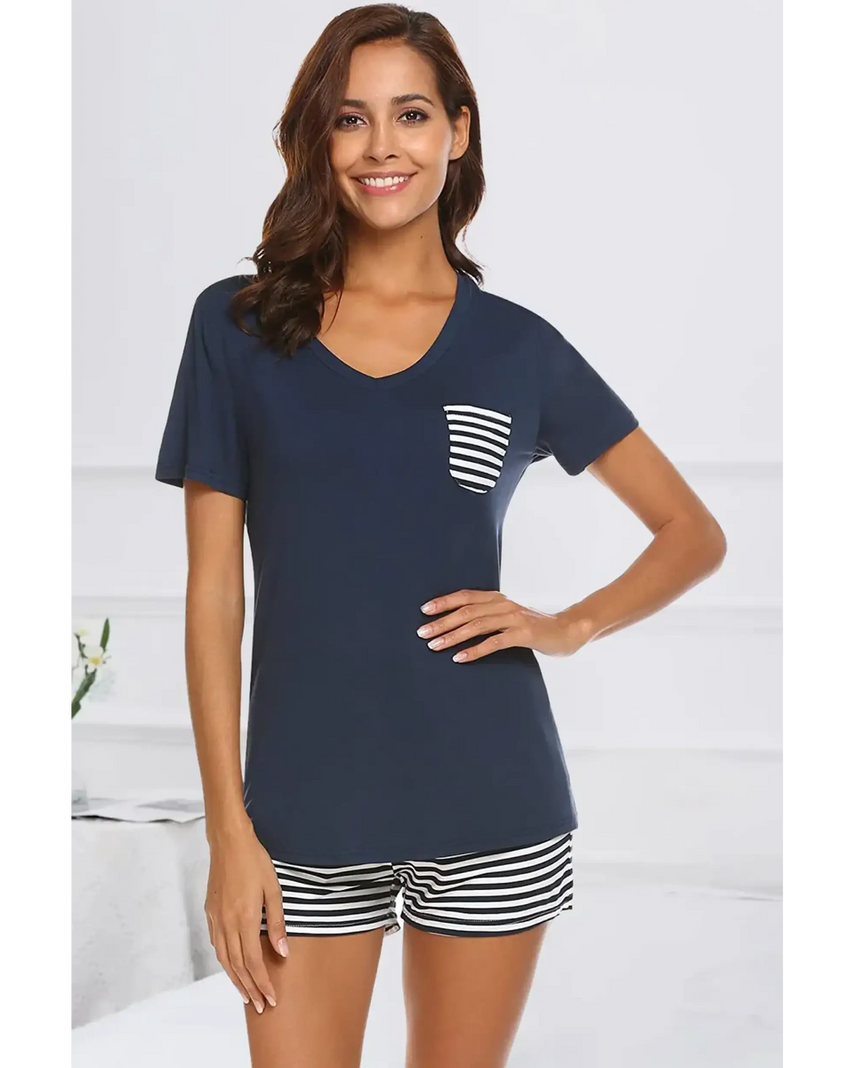 Babe Beachwear lounge shirt and short set navy top with striped pocket and matching striped shorts
