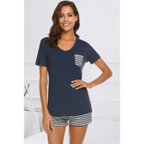 Babe Beachwear lounge shirt and short set navy top with striped pocket and matching striped shorts