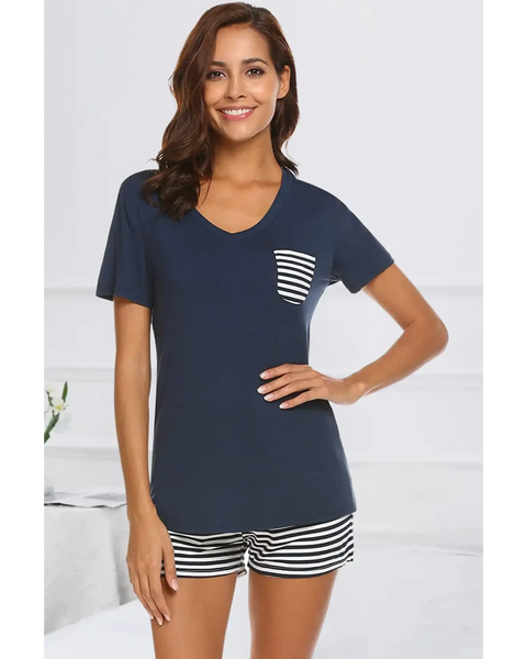 Babe Beachwear lounge shirt and short set navy top with striped pocket and matching striped shorts