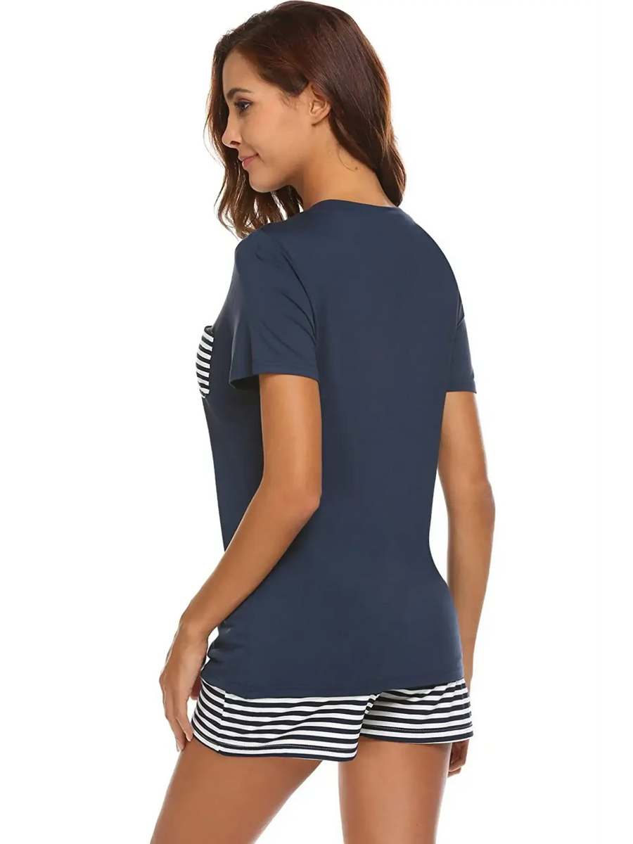 Babe Beachwear navy lounge shirt and short set with striped shorts worn by woman