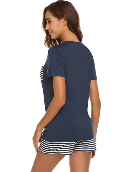 Babe Beachwear navy lounge shirt and short set with striped shorts worn by woman