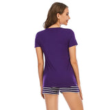 Babe Beachwear lounge shirt and short set with purple top and striped shorts for casual comfort