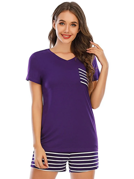 Babe Beachwear purple lounge shirt and short set with striped pocket and shorts for casual comfort lounge set
