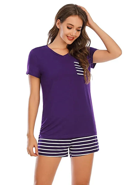 Babe Beachwear purple lounge shirt and short set with striped pocket and shorts for casual comfort