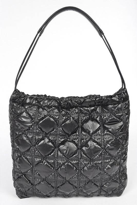 Babe Beachwear luxe chic quilted tote bag in black with padded diamond pattern and single shoulder strap
