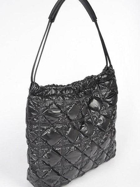 Babe Beachwear luxe chic quilted tote in glossy black with adjustable shoulder strap