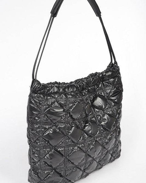 Babe Beachwear luxe chic quilted tote in glossy black with adjustable shoulder strap