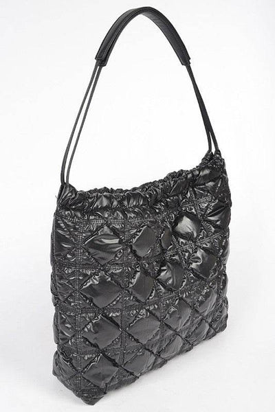Babe Beachwear luxe chic quilted tote in glossy black with adjustable shoulder strap