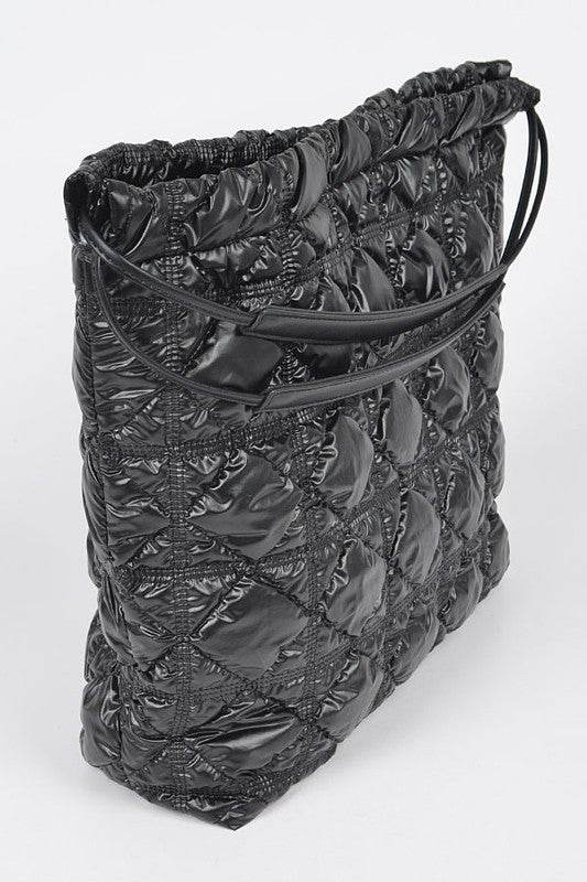 Babe Beachwear luxe chic quilted tote bag in black with ruched detailing and double shoulder straps