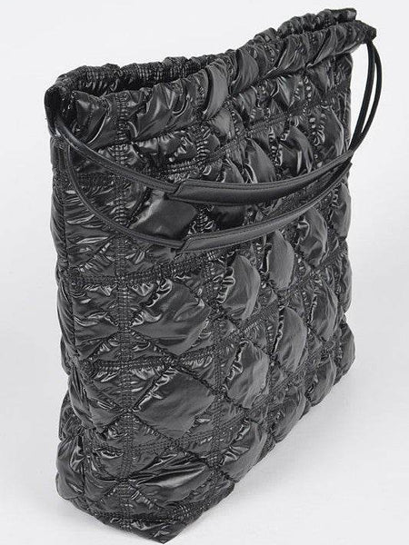 Babe Beachwear luxe chic quilted tote bag in black with ruched detailing and double shoulder straps