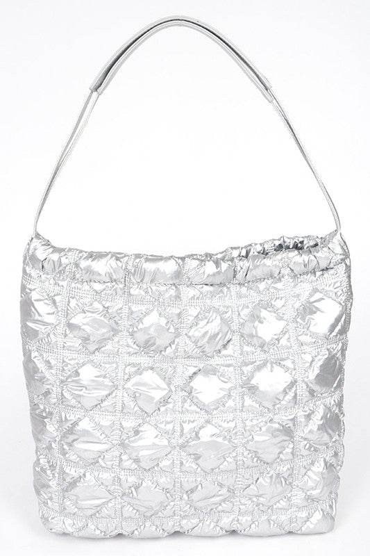 Babe Beachwear silver luxe chic quilted tote bag with shiny textured square pattern and single shoulder strap