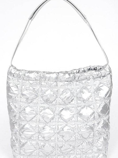 Babe Beachwear silver luxe chic quilted tote bag with shiny textured square pattern and single shoulder strap