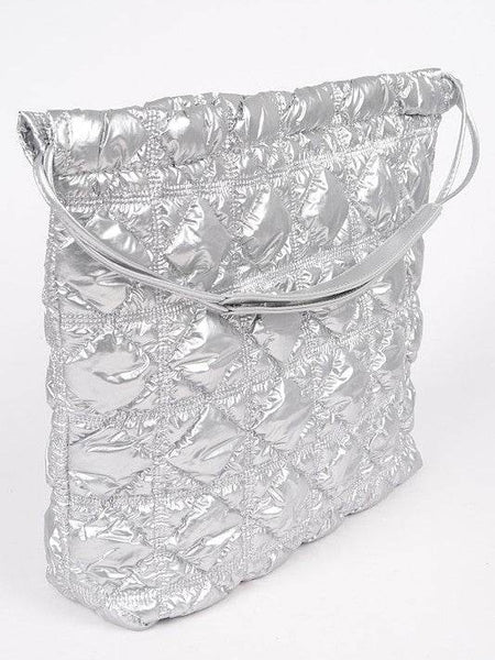 Babe Beachwear luxe chic quilted tote bag in shiny silver with a quilted pattern and shoulder strap