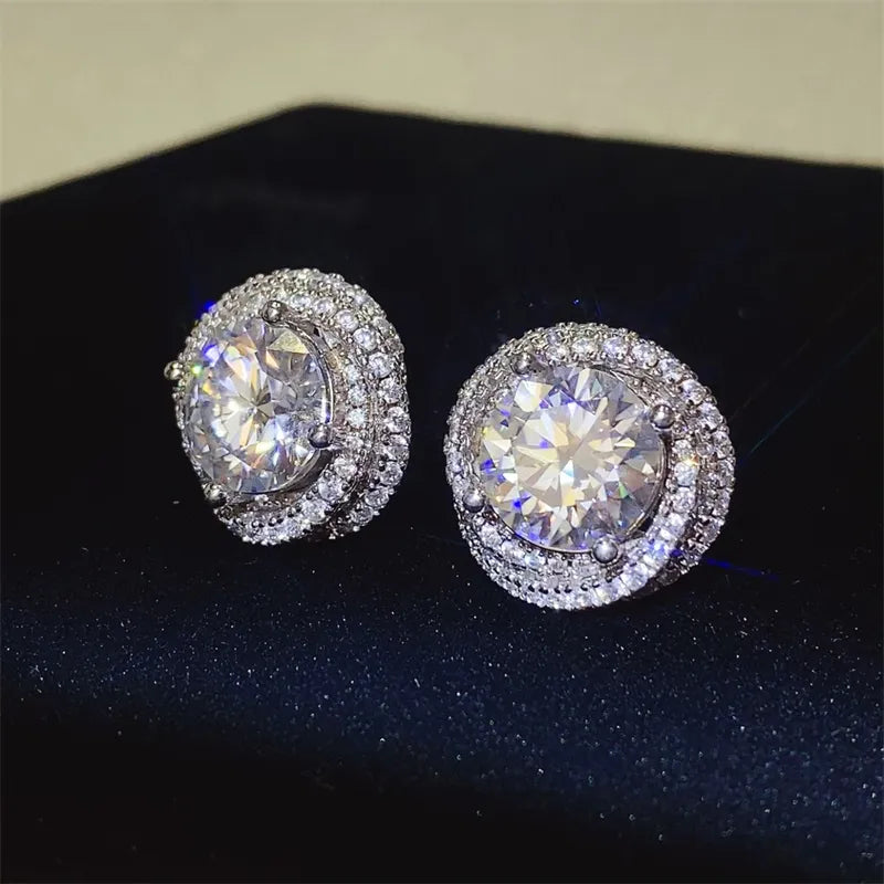 Trendsi 6 carat Stud Diamond Sterling Silver earrings with sparkling round stones on black background