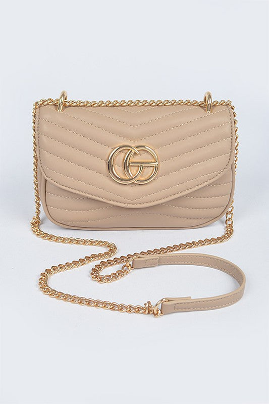 Babe Beachwear luxury GC Logo Chain Flap Bag in beige with gold chain strap and quilted design
