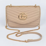 Babe Beachwear luxury GC Logo Chain Flap Bag in beige with gold chain strap and quilted design