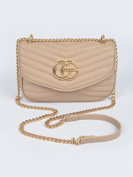 Babe Beachwear luxury GC Logo Chain Flap Bag in beige with gold chain strap and quilted design