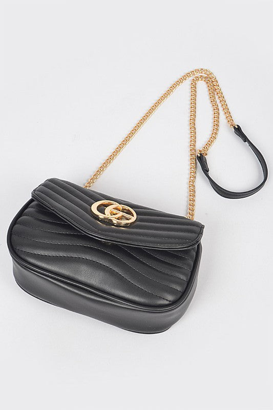 Babe Beachwear luxury GC Logo Chain Flap Bag in black with gold chain strap and quilted design