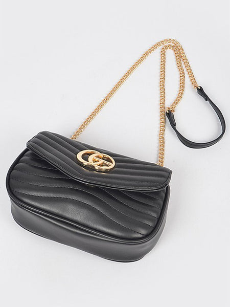 Babe Beachwear luxury GC Logo Chain Flap Bag in black with gold chain strap and quilted design