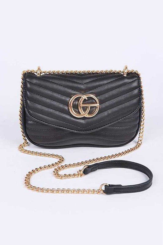 Babe Beachwear luxury GC Logo Chain Flap Bag in black with gold chain strap and quilted detail