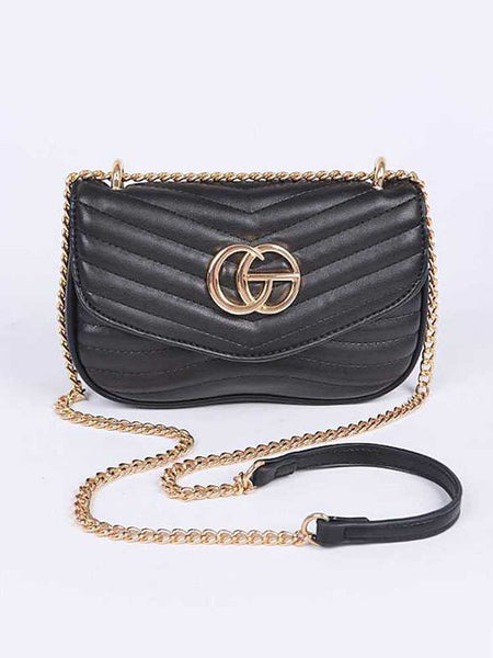 Babe Beachwear luxury GC Logo Chain Flap Bag in black with gold chain strap and quilted detail