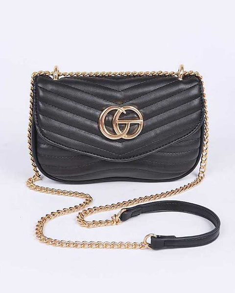 Babe Beachwear luxury GC Logo Chain Flap Bag in black with gold chain strap and quilted detail