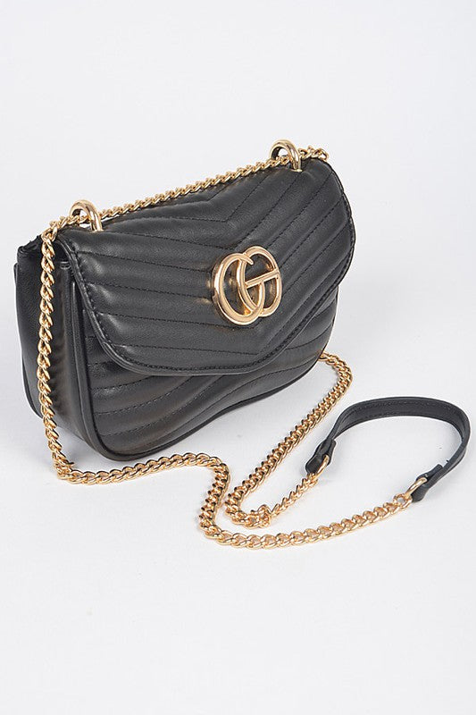 Luxury GC Logo Chain Flap Bag in black with gold chain strap and quilted design by Babe Beachwear