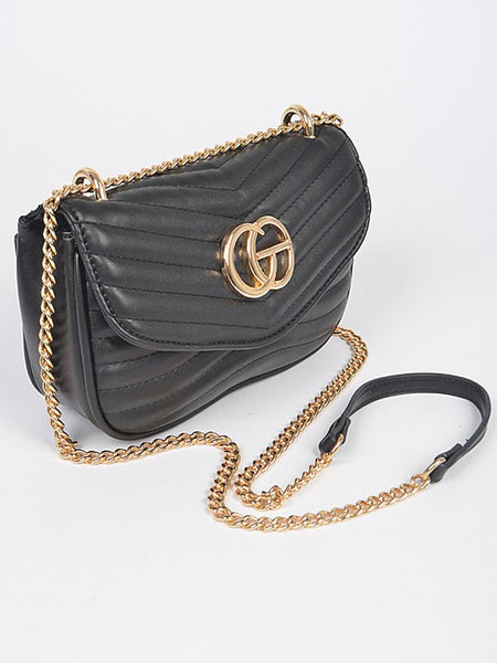 Luxury GC Logo Chain Flap Bag in black with gold chain strap and quilted design by Babe Beachwear