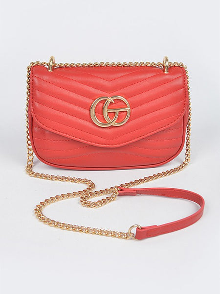 Luxury GC Logo Chain Flap Bag in red with gold chain strap and quilted design by Babe Beachwaer