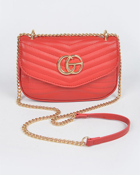 Luxury GC Logo Chain Flap Bag in red with gold chain strap and quilted design by Babe Beachwaer