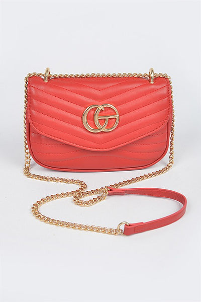 Luxury GC Logo Chain Flap Bag in red with gold chain strap and quilted design by Babe Beachwaer