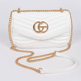 Luxury GC Logo Chain Flap Bag in white quilted leather with gold chain strap by Babe Beachwaer