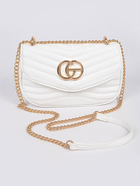 Luxury GC Logo Chain Flap Bag in white quilted leather with gold chain strap by Babe Beachwaer
