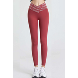 Babe Beachwaer high waisted workout leggings for women in red with printed waistband and full length design
