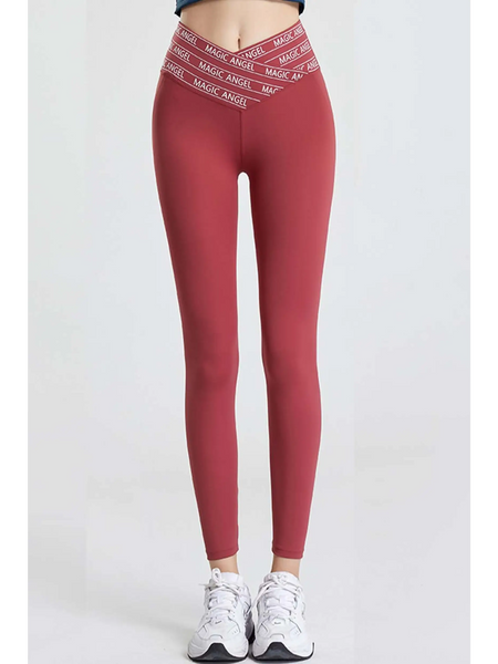 Babe Beachwaer high waisted workout leggings for women in red with printed waistband and full length design