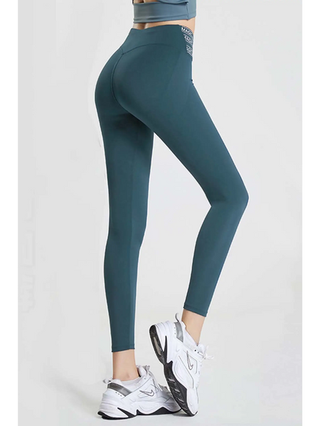 Babe Beachwear high waisted workout leggings for women in dark teal shown from the back