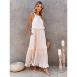 Trendsi flowy pink ruffle maxi dress with sleeveless design and tiered ruffle hem