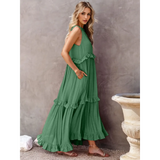 Trendsi flowy pink ruffle maxi dress with sleeveless design and tiered ruffle details