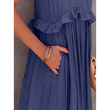 Trendsi flowy pink ruffle maxi dress with side pocket and delicate ruffle detail on waist